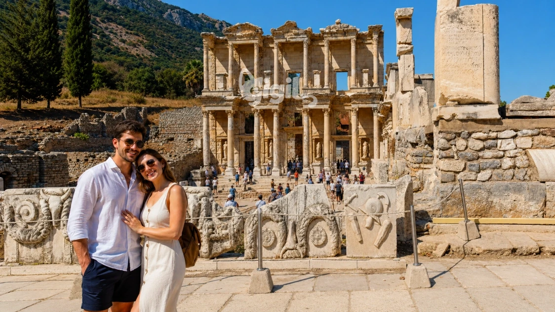 Celsus Library Street-Side Marble View